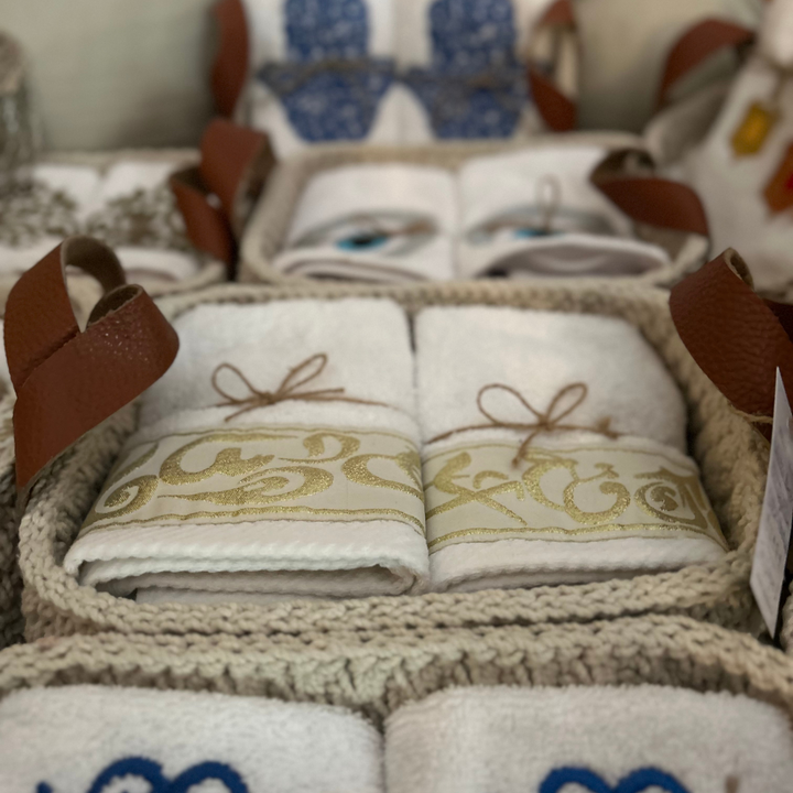 Discounted Palazzo 6-Hand Towel Sets made from 100% Egyptian Cotton in a Handmade Crochet Basket