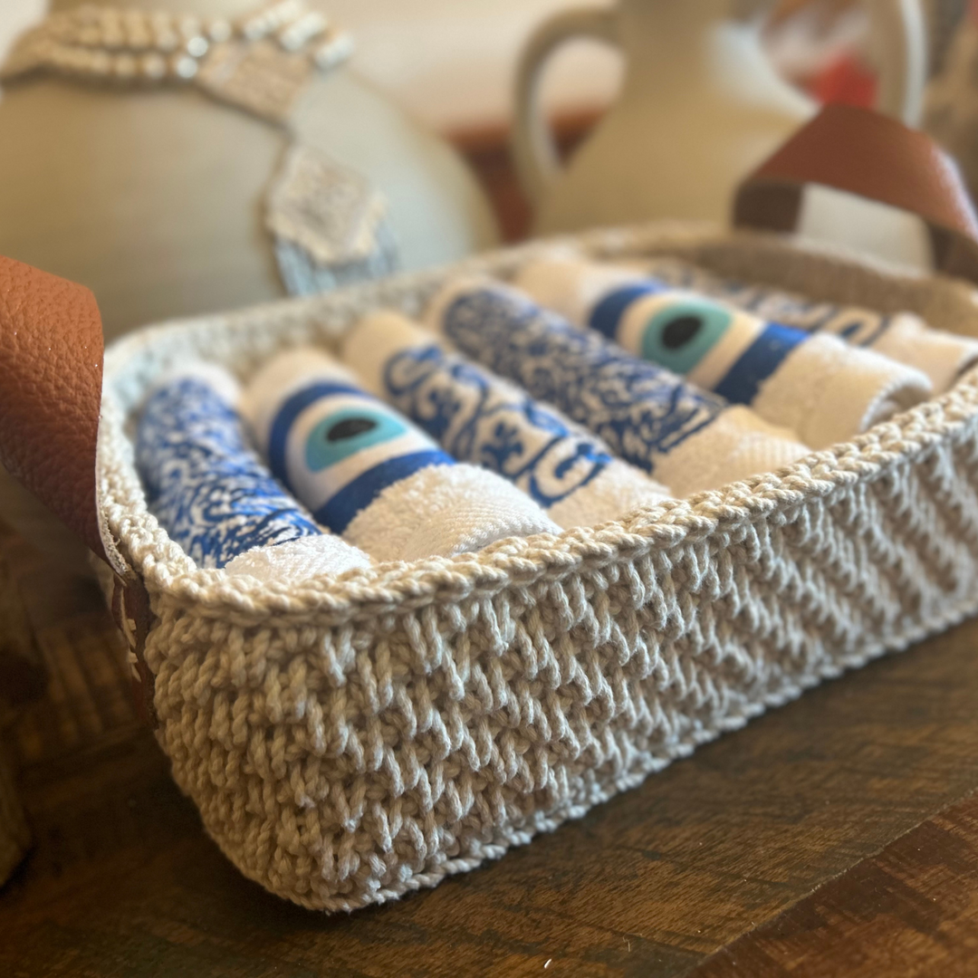 Discounted Palazzo 6-Hand Towel Sets made from 100% Egyptian Cotton in a Handmade Crochet Basket