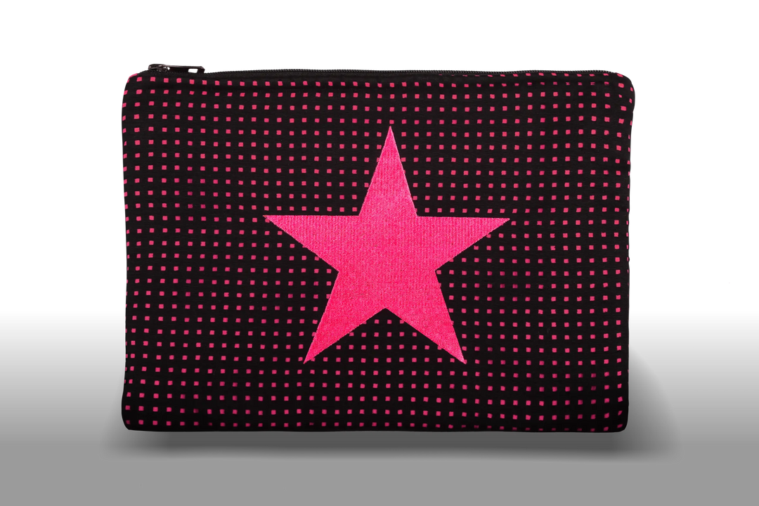 Celena Veil Star Clutch - A striking two-layer clutch featuring a bold embroidery and a pop of color beneath its black perforated surface