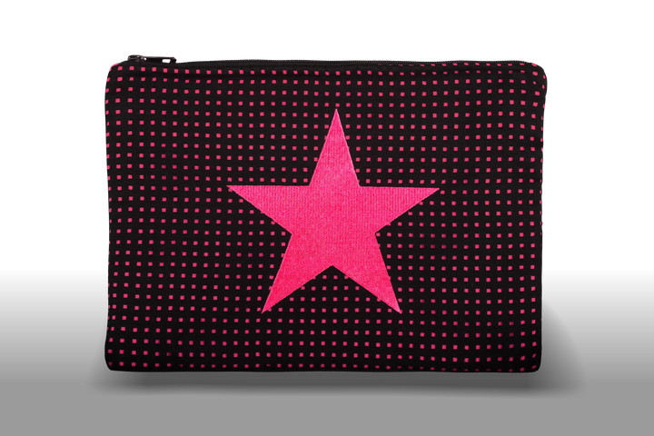 Celena Veil Star Clutch - A striking two-layer clutch featuring a bold embroidery and a pop of color beneath its black perforated surface