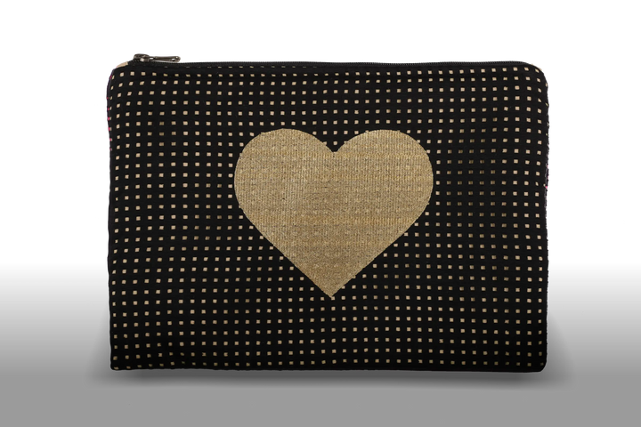 Celena Veil Heart Clutch - A striking two-layer clutch featuring a bold embroidery and a pop of color beneath its black perforated surface