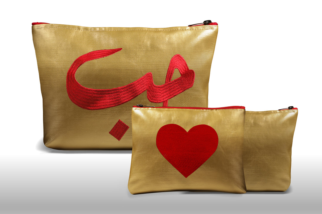 Sparkle Gold Leather Pouch / Embroidered with "حب" in Red & waterproof on the inside