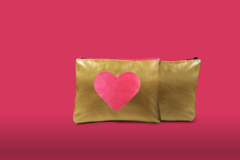 Sparkle Gold Leather Pouch Embroidered with a Fuchsia Heart & waterproof on the inside