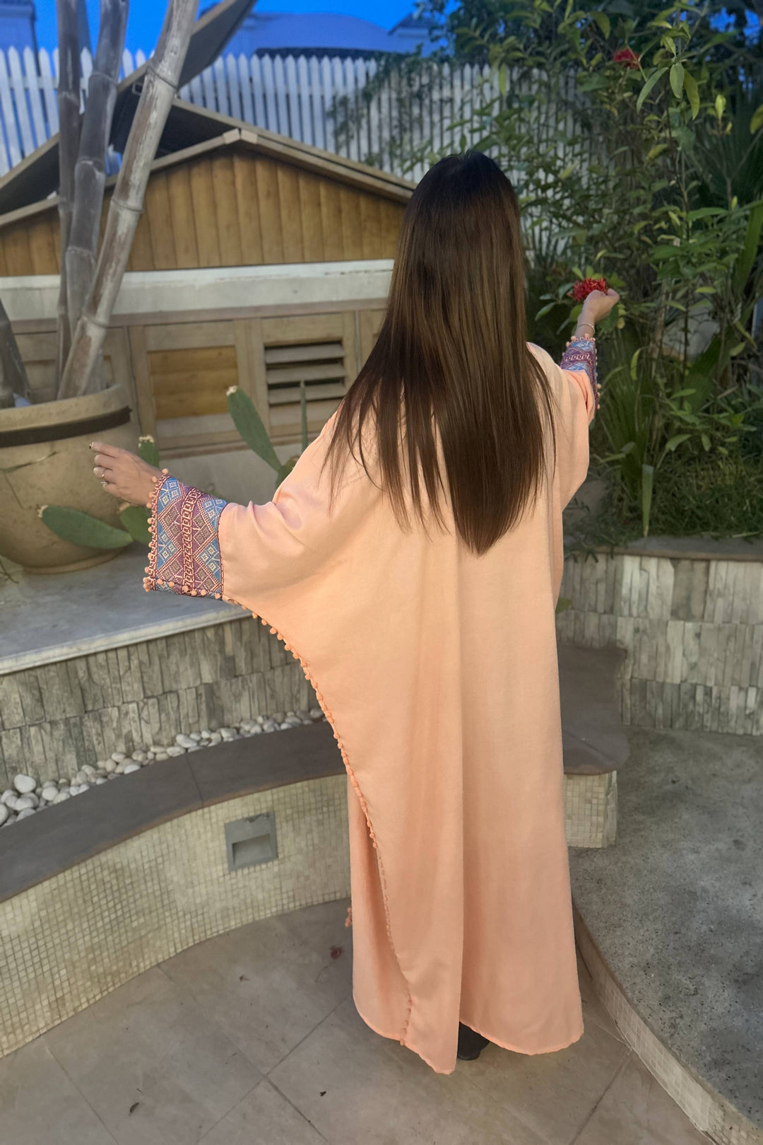 Aisha's Essence: Cotton Peach Abaya with Traditional Stitching