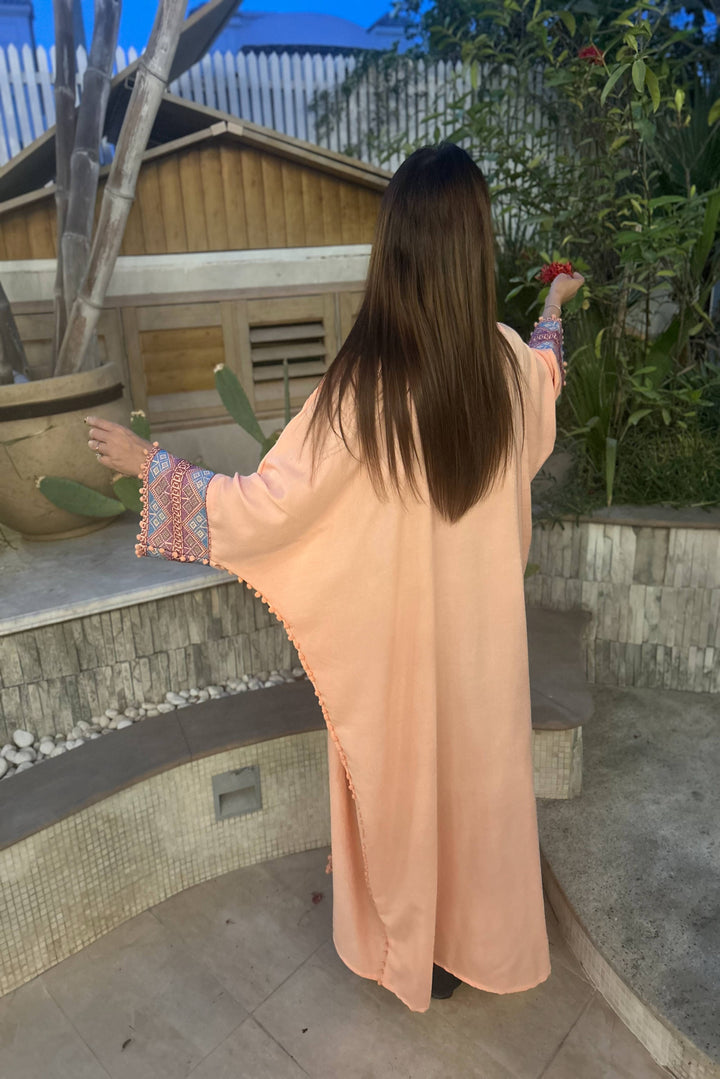 Aisha's Essence: Cotton Peach Abaya with Traditional Stitching