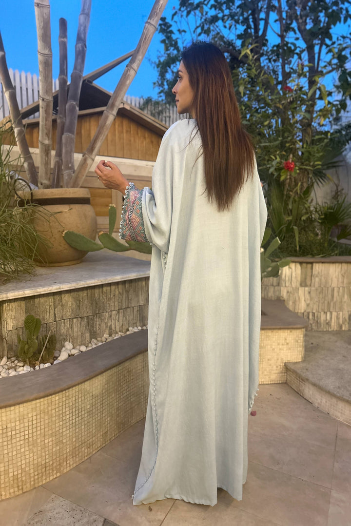 Aisha's Essence: Cotton Sky Blue Abaya with Traditional Stitching