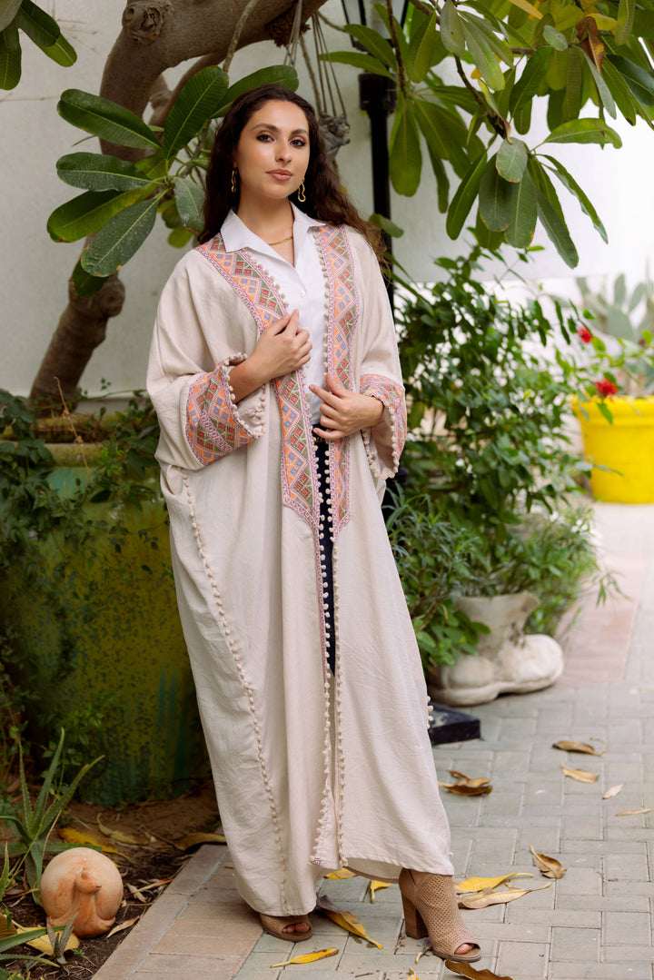 Aisha's Essence: Cotton Beige Abaya with Traditional Stitching 