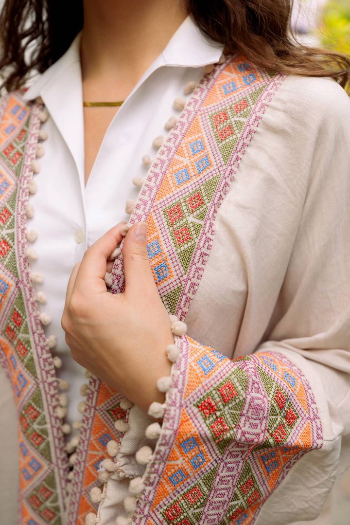 Aisha's Essence: Cotton Beige Abaya with Traditional Stitching