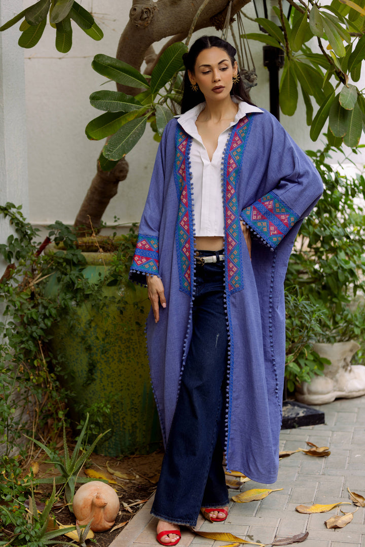 Aisha's Essence: Cotton Denim Blue Abaya with Traditional Stitching