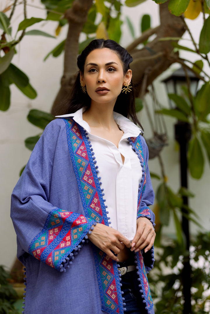 Aisha's Essence: Cotton Denim Blue Abaya with Traditional Stitching