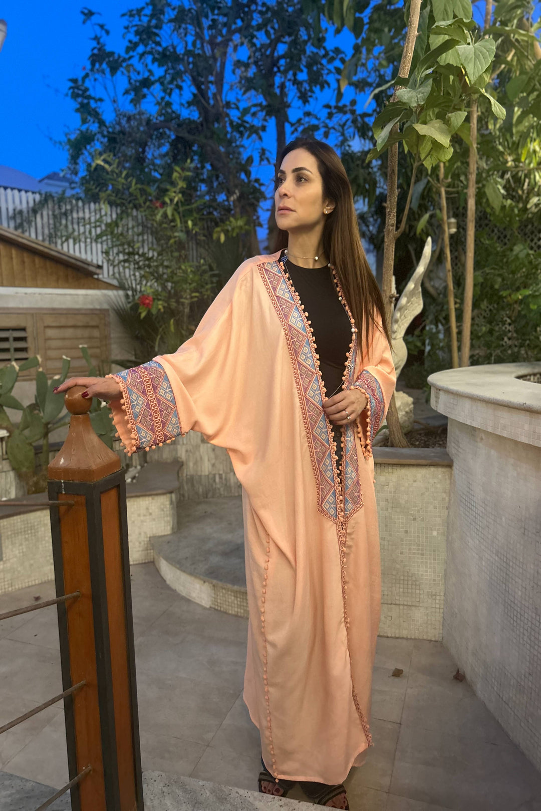 Aisha's Essence: Cotton Peach Abaya with Traditional Stitching