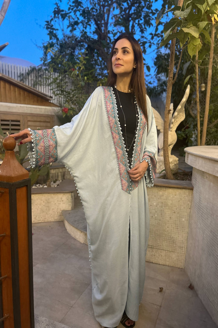 Aisha's Essence: Cotton Sky Blue Abaya with Traditional Stitching