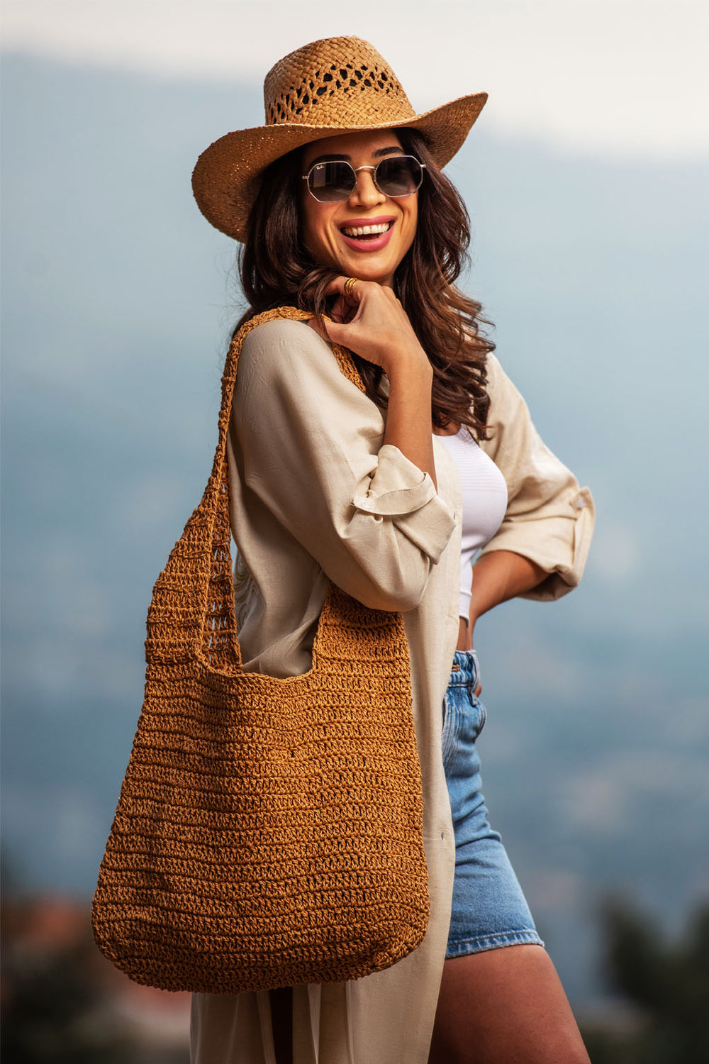Bella Beige Linen  Shirt Dress / Embroidered with the Hamsa hand design