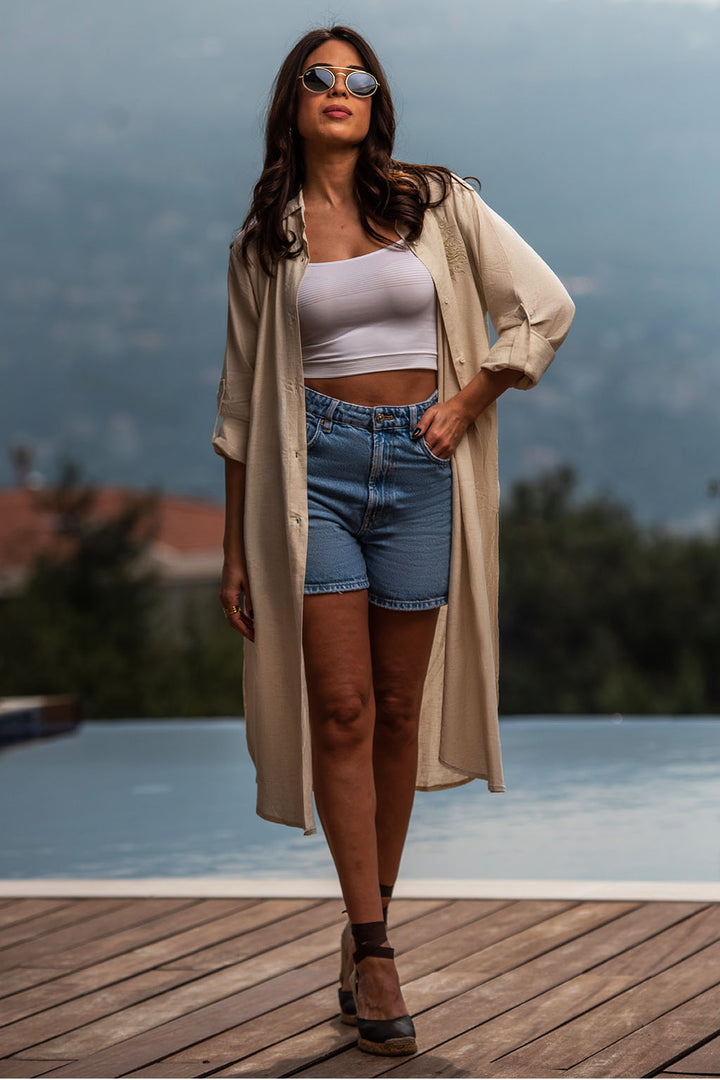 Bella Beige Linen  Shirt Dress | Clothing | Ashia