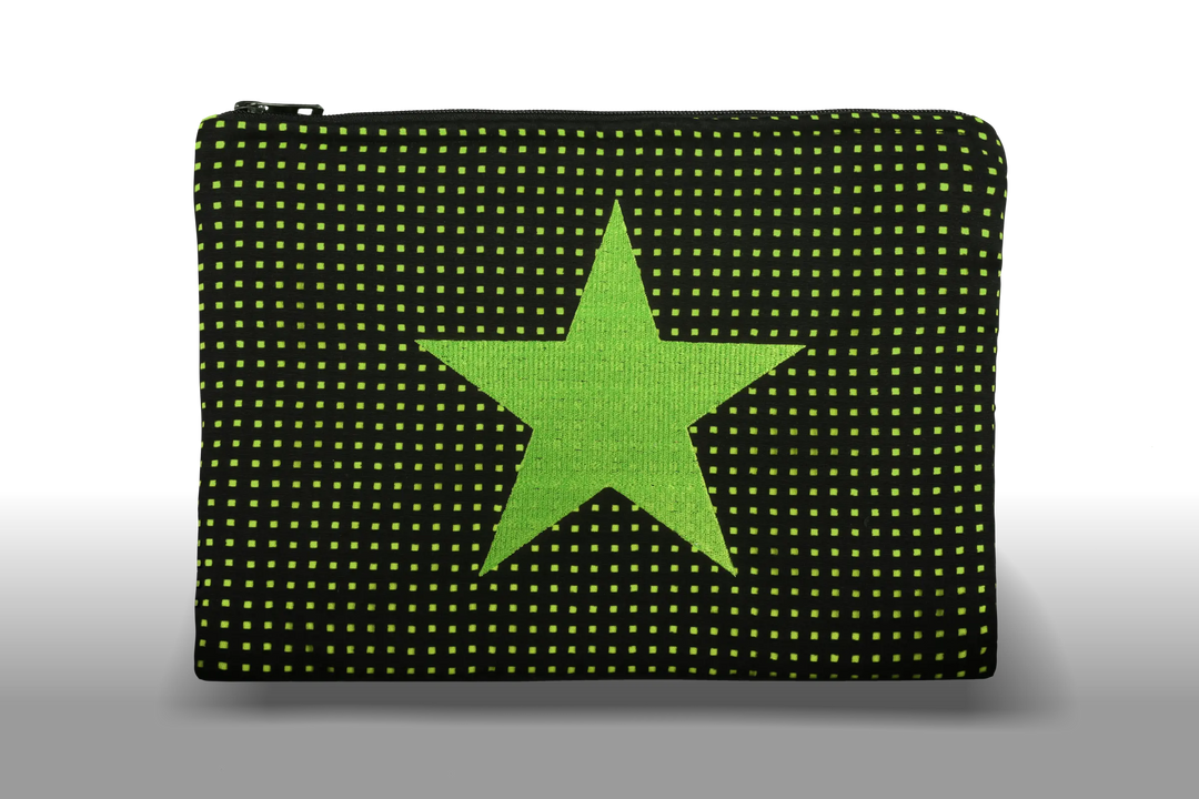 Celena Veil Star Clutch - A striking two-layer clutch featuring a bold embroidery and a pop of color beneath its black perforated surface