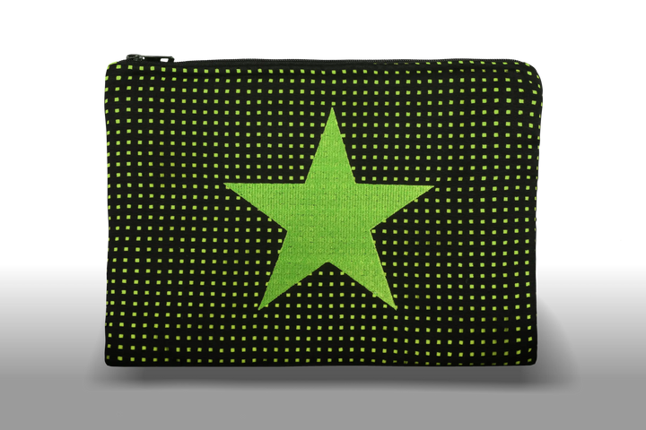 Celena Veil Star Clutch - A striking two-layer clutch featuring a bold embroidery and a pop of color beneath its black perforated surface