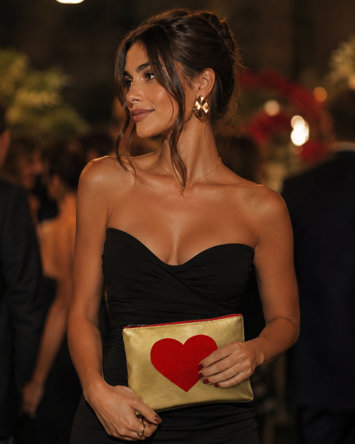 Sparkle Gold Leather Pouch Embroidered with a Red Heart & waterproof on the inside