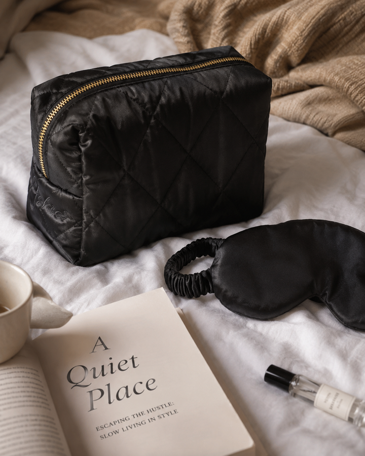 Satin Makeup Pouch  -  Waterproof lining & Diamond Pattern sold as a set with a matching eye mask