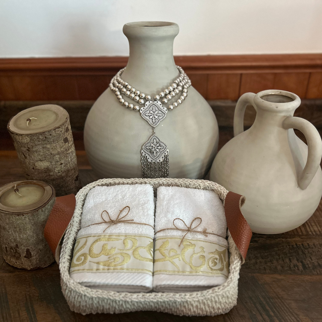 Discounted Palazzo 6-Hand Towel Sets made from 100% Egyptian Cotton in a Handmade Crochet Basket - Arabic Caligraphy