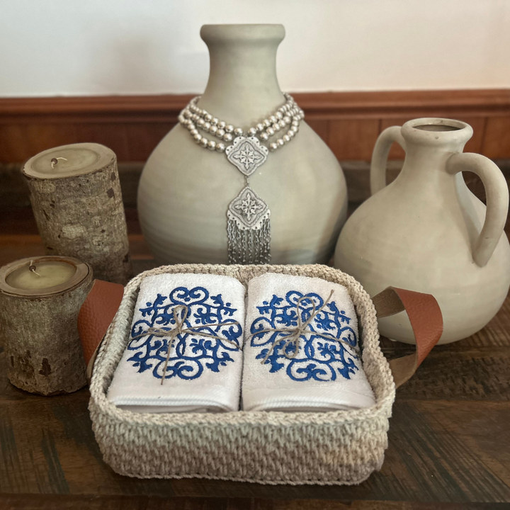 Discounted Palazzo 6-Hand Towel Sets made from 100% Egyptian Cotton in a Handmade Crochet Basket - Blue Arabesque Design