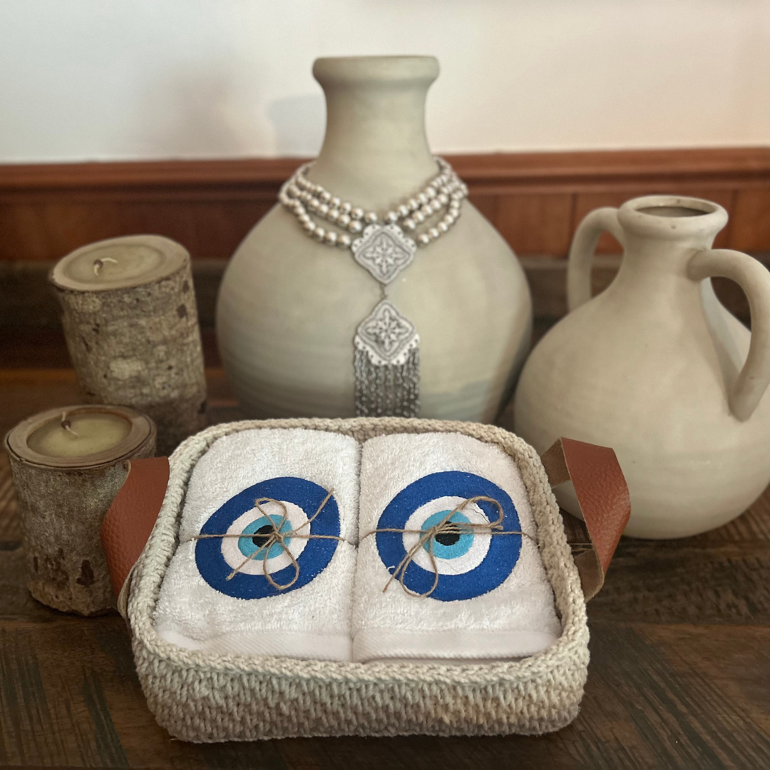 Discounted Palazzo 6-Hand Towel Sets made from 100% Egyptian Cotton in a Handmade Crochet Basket - Blue Greek Eye Design