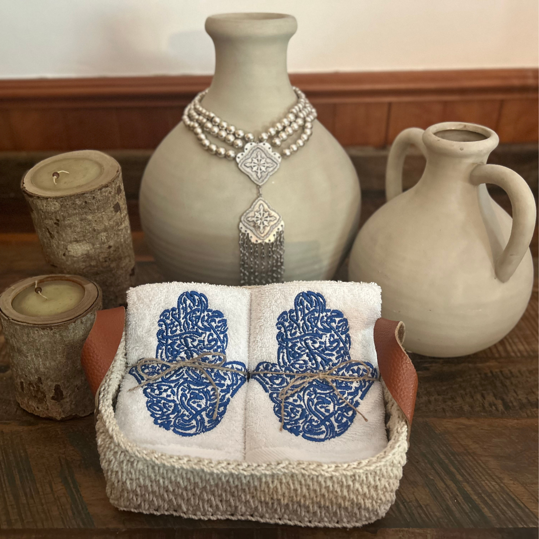 Discounted Palazzo 6-Hand Towel Sets made from 100% Egyptian Cotton in a Handmade Crochet Basket - Blue Hamsa Hand Design