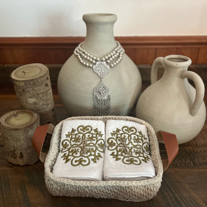 Discounted Palazzo 6-Hand Towel Sets made from 100% Egyptian Cotton in a Handmade Crochet Basket - Bronze Arabesque Design