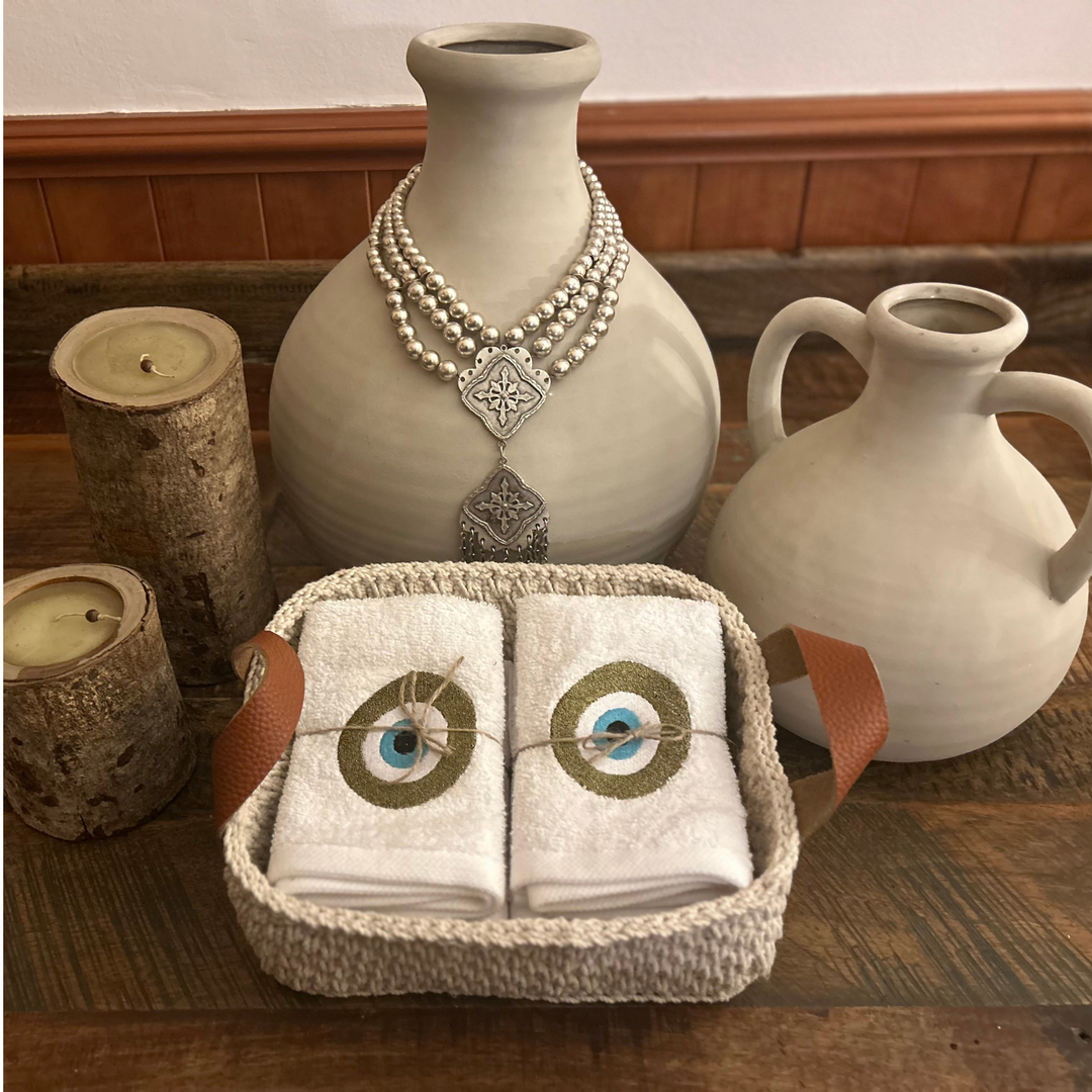 Discounted Palazzo 6-Hand Towel Sets made from 100% Egyptian Cotton in a Handmade Crochet Basket - Bronze Greek Eye Design
