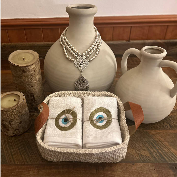 Discounted Palazzo 6-Hand Towel Sets made from 100% Egyptian Cotton in a Handmade Crochet Basket - Bronze Greek Eye Design