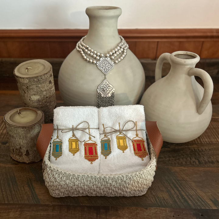 Discounted Palazzo 6-Hand Towel Sets made from 100% Egyptian Cotton in a Handmade Crochet Basket - Colourful Ramadan Lanterns