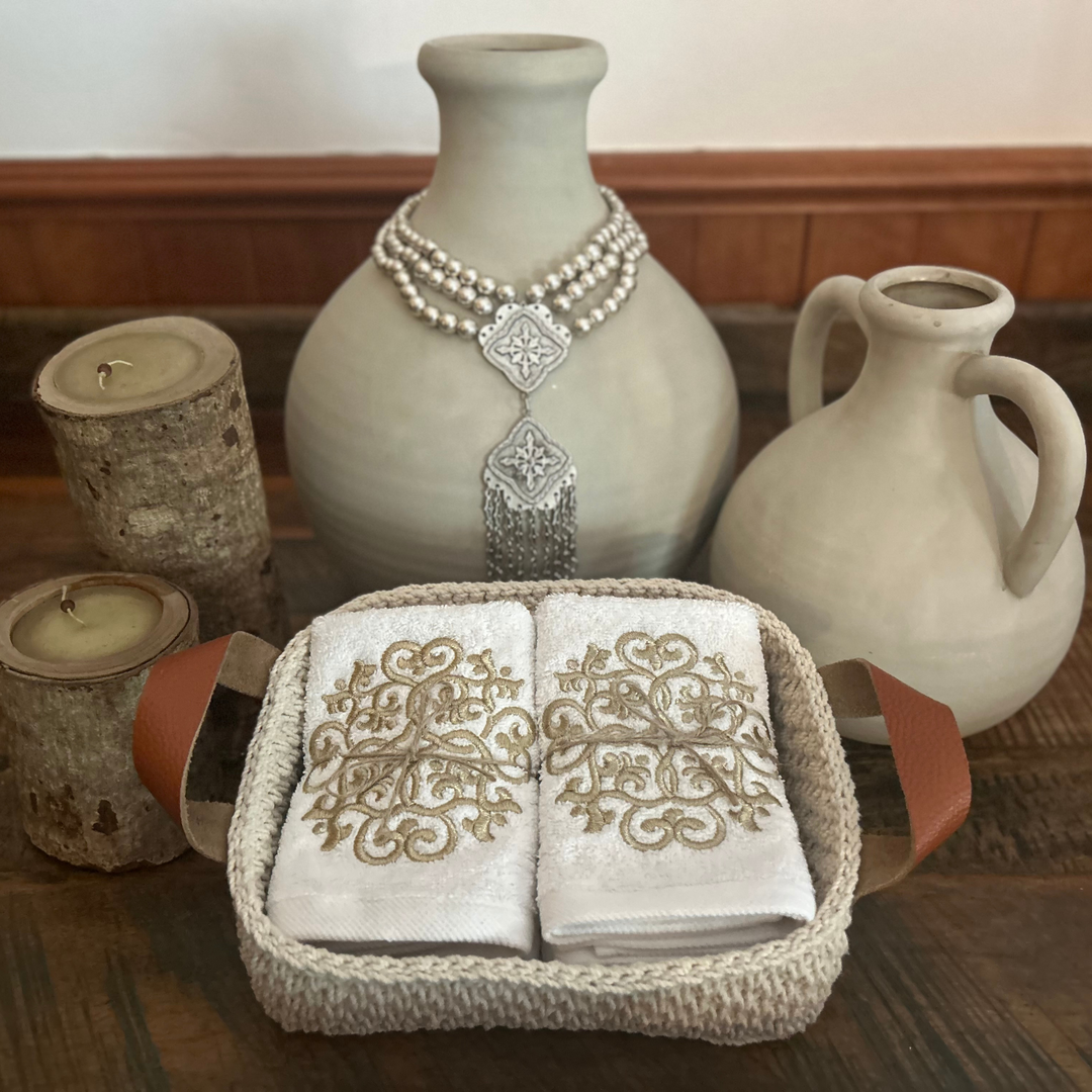 Discounted Palazzo 6-Hand Towel Sets made from 100% Egyptian Cotton in a Handmade Crochet Basket - Gold Arabesque Design