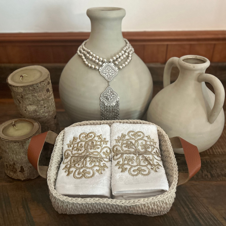 Discounted Palazzo 6-Hand Towel Sets made from 100% Egyptian Cotton in a Handmade Crochet Basket - Gold Arabesque Design