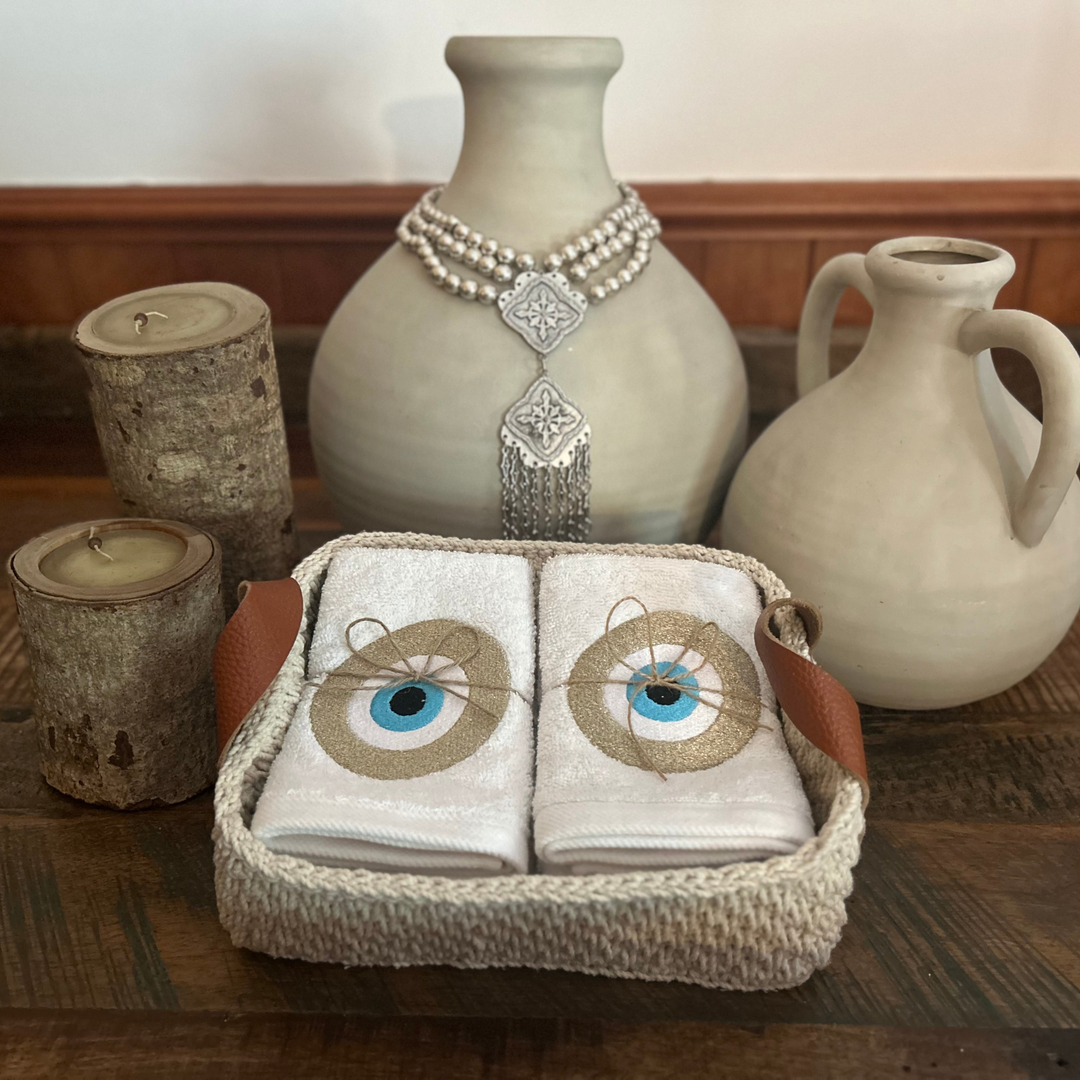 Discounted Palazzo 6-Hand Towel Sets made from 100% Egyptian Cotton in a Handmade Crochet Basket - Gold Greek Eye Design