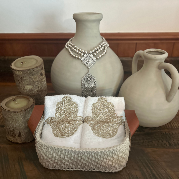 Discounted Palazzo 6-Hand Towel Sets made from 100% Egyptian Cotton in a Handmade Crochet Basket - Gold Hamsa Hand Design