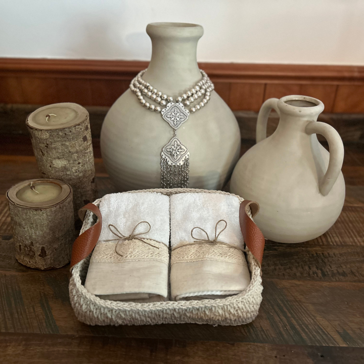 Discounted Palazzo 6-Hand Towel Sets made from 100% Egyptian Cotton in a Handmade Crochet Basket - Linen & Crochet Borders