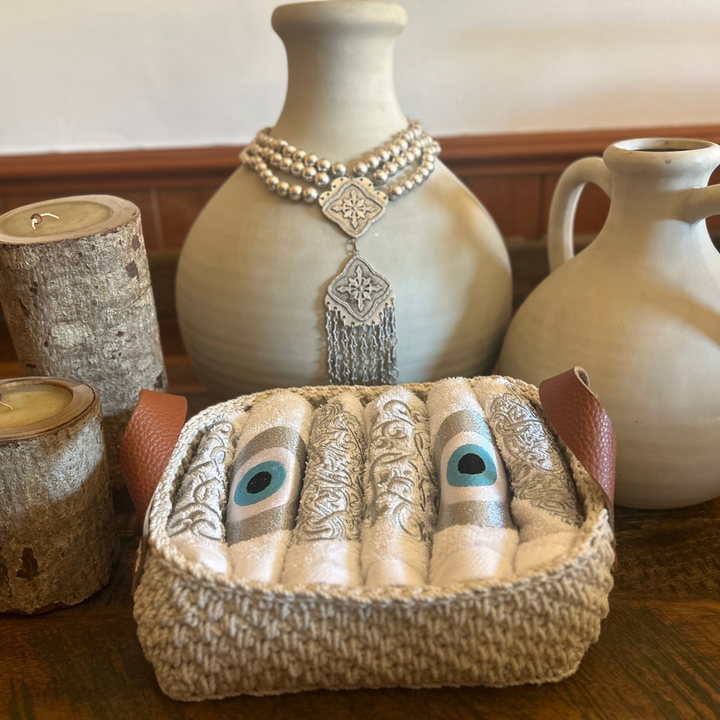 Discounted Palazzo 6-Hand Towel Sets made from 100% Egyptian Cotton in a Handmade Crochet Basket - Mixed Silver Designs