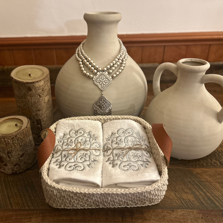 Discounted Palazzo 6-Hand Towel Sets made from 100% Egyptian Cotton in a Handmade Crochet Basket - Silver Arabesque Design