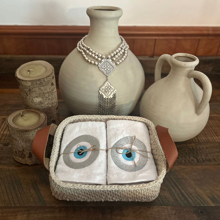 Discounted Palazzo 6-Hand Towel Sets made from 100% Egyptian Cotton in a Handmade Crochet Basket - Silver Greek Eye Design