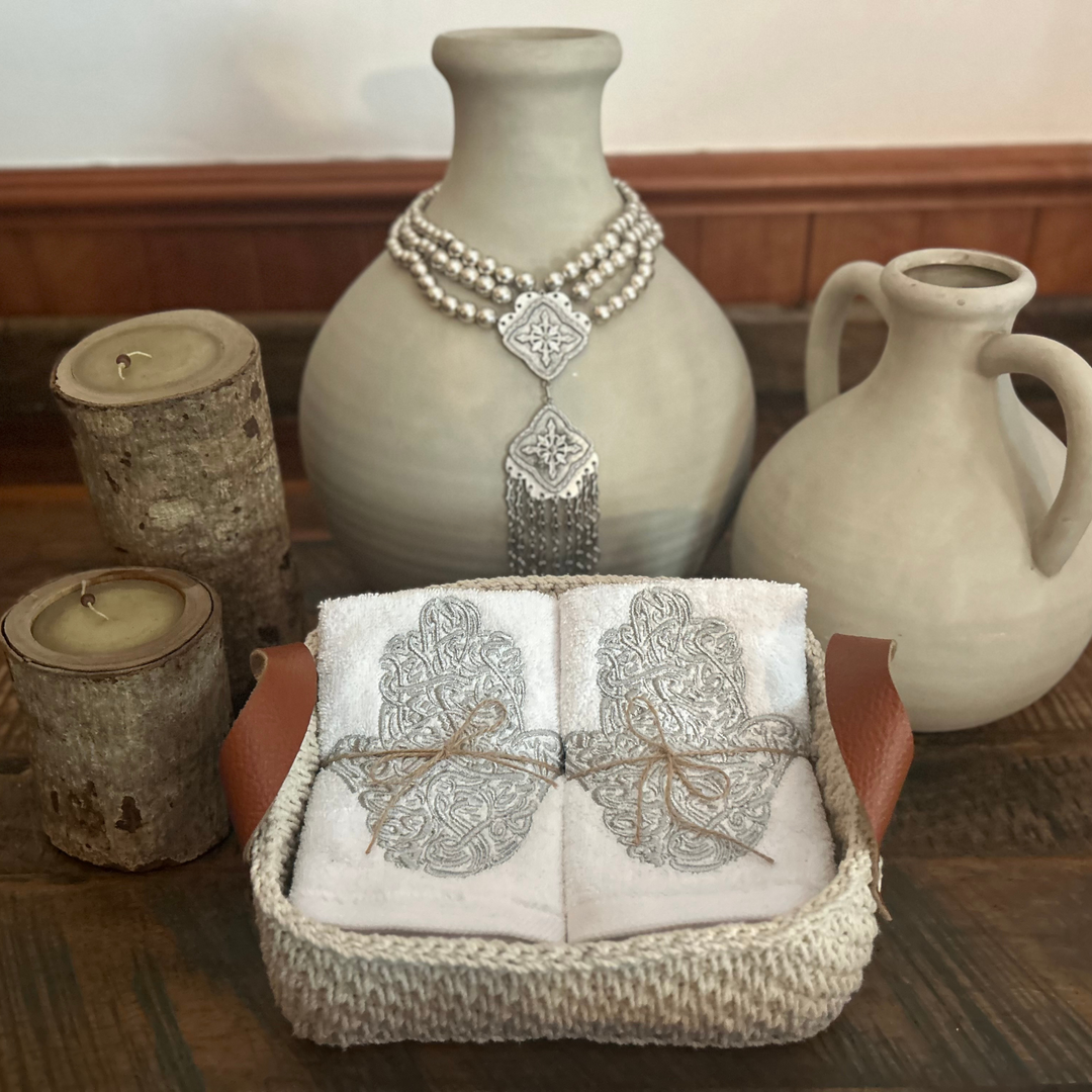 Discounted Palazzo 6-Hand Towel Sets made from 100% Egyptian Cotton in a Handmade Crochet Basket - Silver Hamsa Hand Design