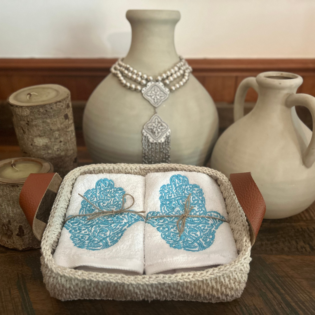 Discounted Palazzo 6-Hand Towel Sets made from 100% Egyptian Cotton in a Handmade Crochet Basket - Turquoise Hamsa Hand Design