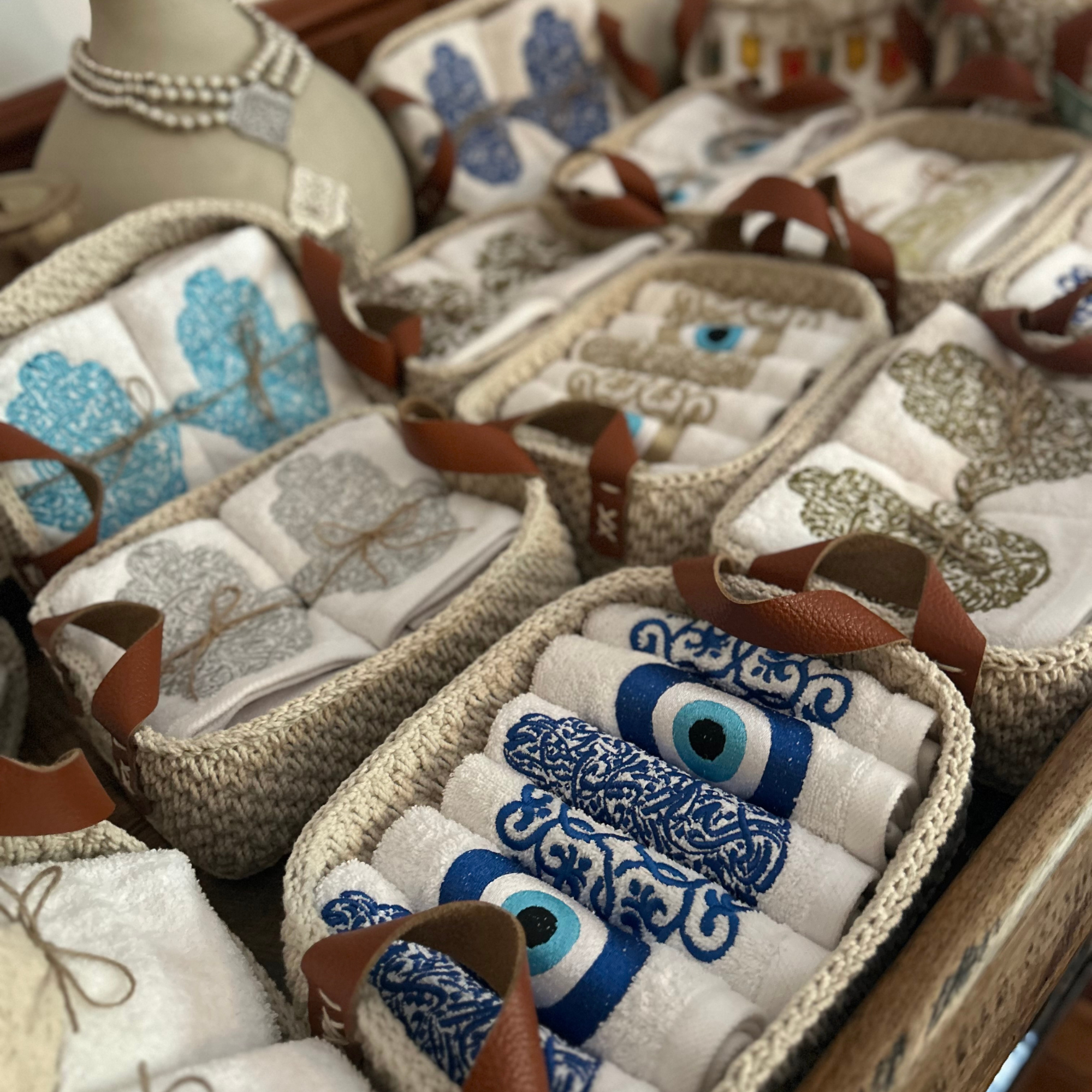 Discounted Palazzo 6-Hand Towel Sets made from 100% Egyptian Cotton in a Handmade Crochet Basket