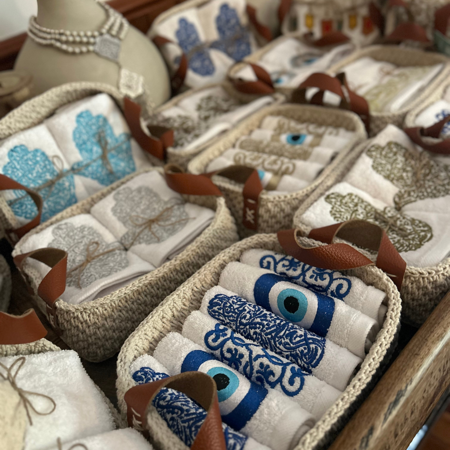 Discounted Palazzo 6-Hand Towel Sets made from 100% Egyptian Cotton in a Handmade Crochet Basket
