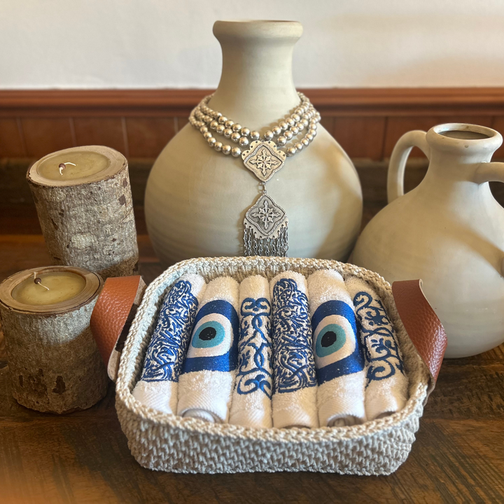 Discounted Palazzo 6-Hand Towel Sets made from 100% Egyptian Cotton in a Handmade Crochet Basket - Mixed Blue Designs