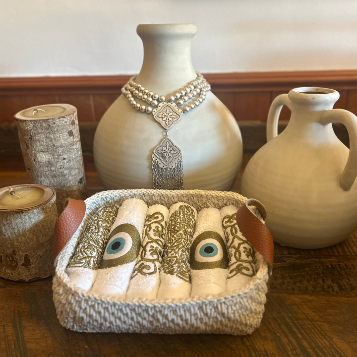 Discounted Palazzo 6-Hand Towel Sets made from 100% Egyptian Cotton in a Handmade Crochet Basket - Mixed Bronze Designs