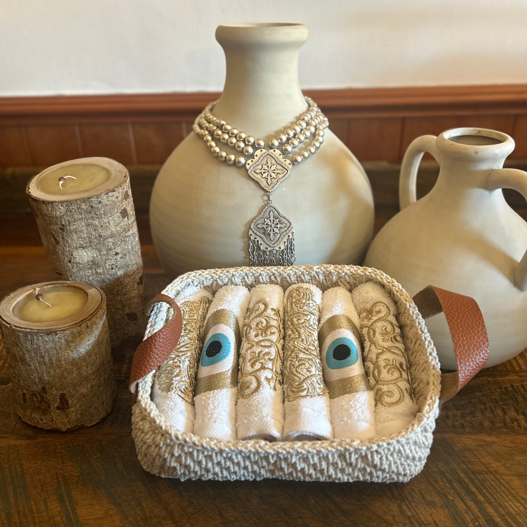 Discounted Palazzo 6-Hand Towel Sets made from 100% Egyptian Cotton in a Handmade Crochet Basket - Mixed Gold Designs