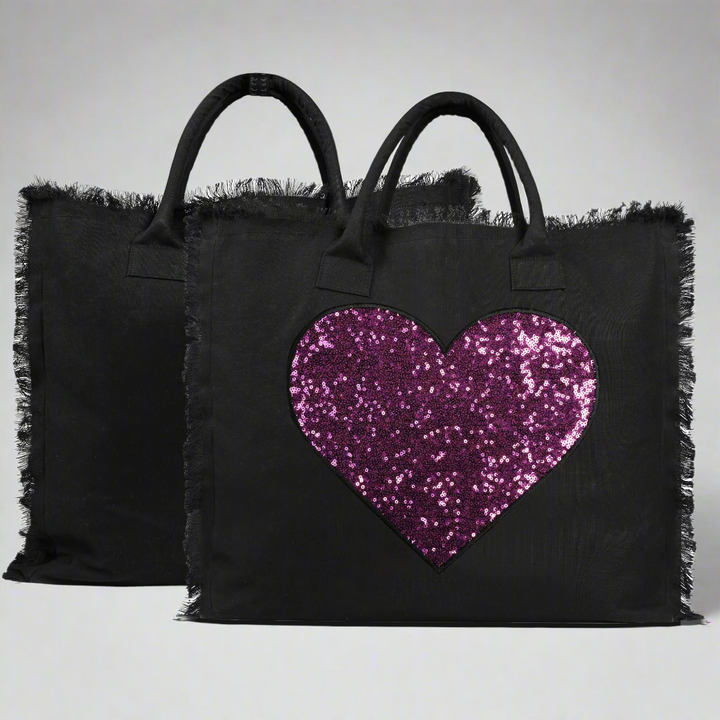 Donna Embroidered Tote Bag Black - Eco-friendly waterproof treated Canvas - Fuchsia Heart