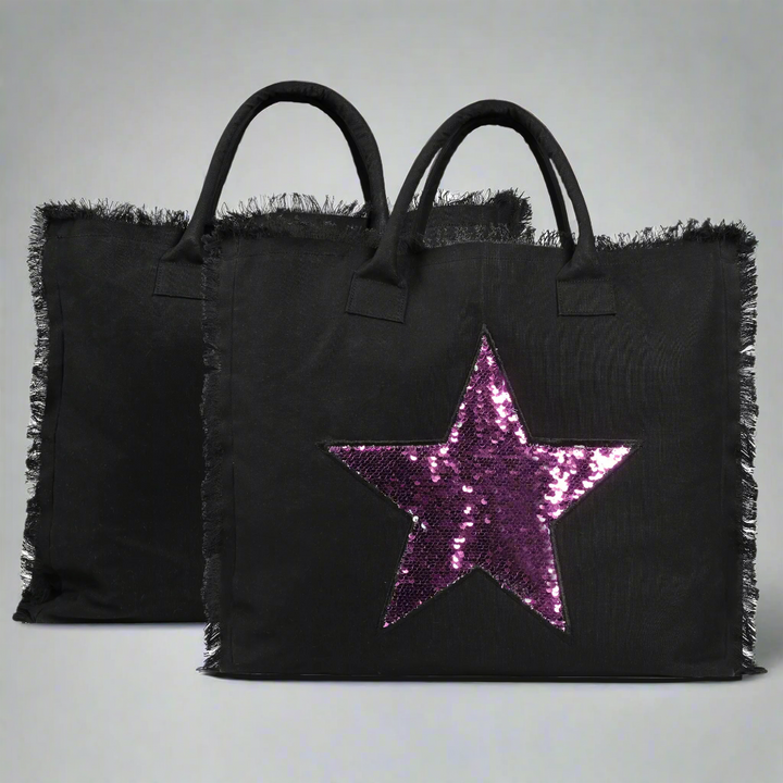Donna Embroidered Tote Bag Black - Eco-friendly waterproof treated Canvas - Fuchsia Star