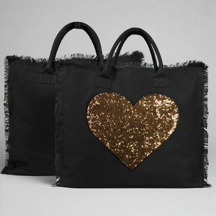 Donna Embroidered Tote Bag Black - Eco-friendly waterproof treated Canvas - Gold Heart