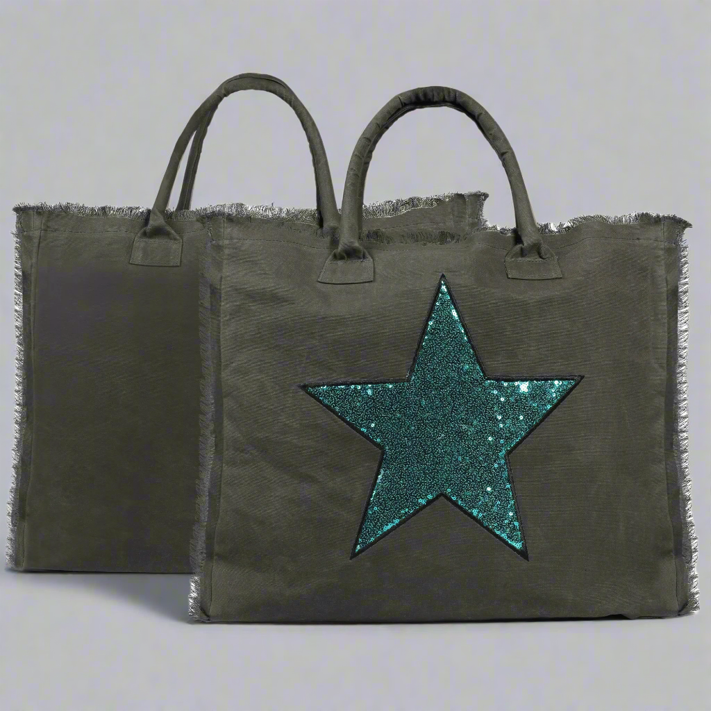 Donna Embroidered Tote Bag Military Green - Eco-friendly waterproof treated Canvas - Green Star