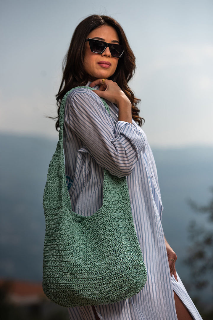 Ella Handmade Bag / Eco-friendly aqua coloured raffia threads
